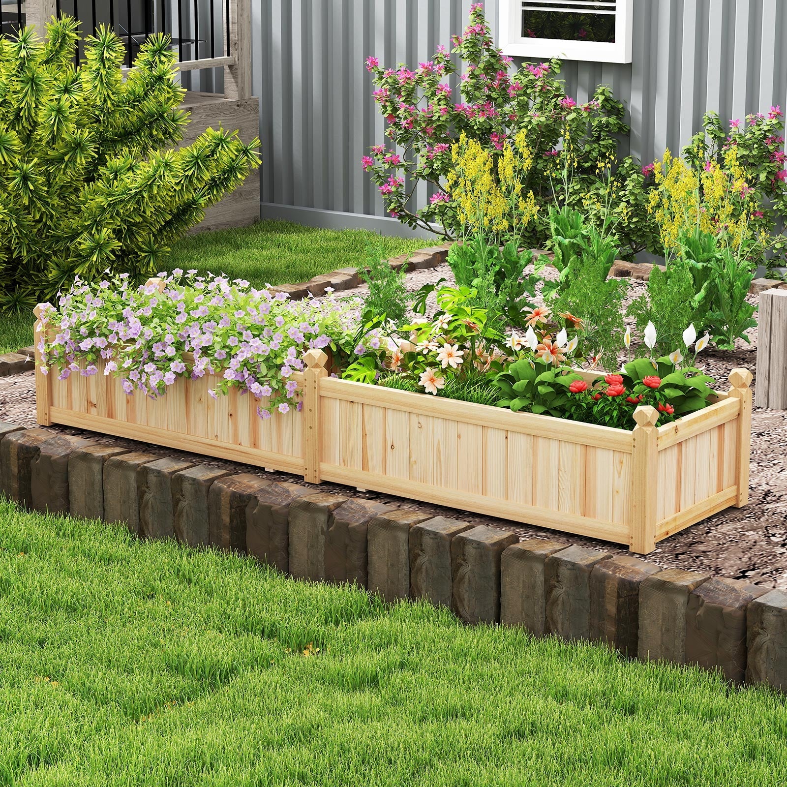 91 x 24 x 16 Inch Divisible Planter Box with Corner Drainage and Non-woven Liner for Growing Vegetables