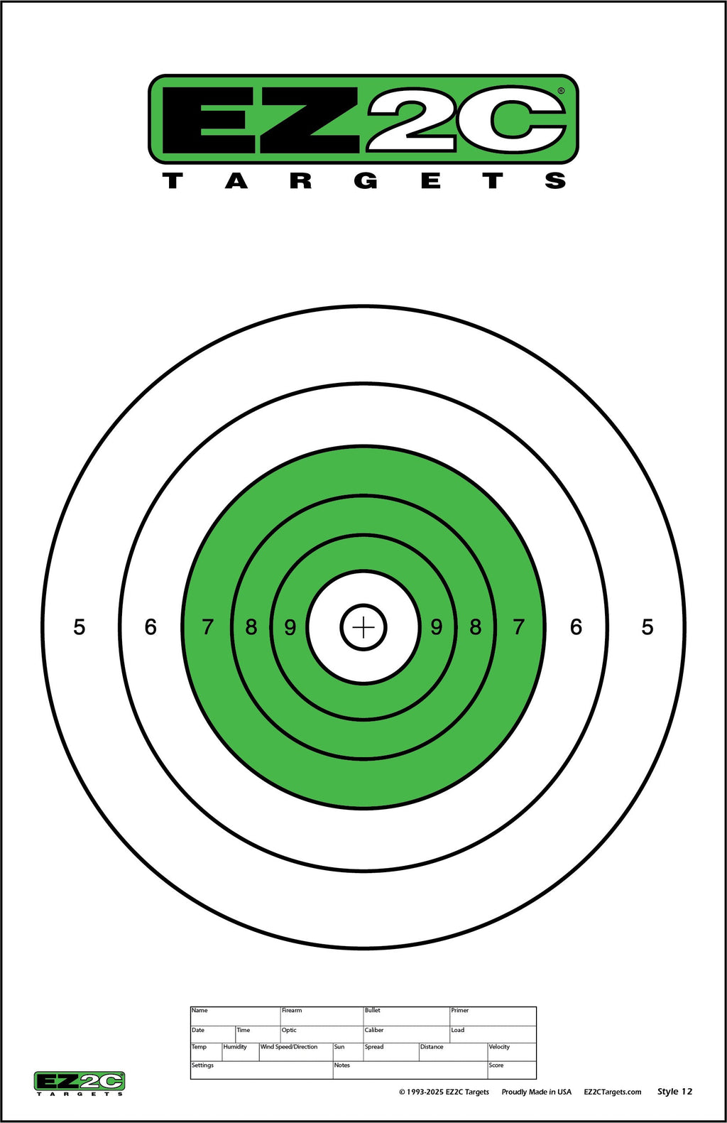 25 EZ2C Targets Style 12: Green B-16 B16 25-Yard Slow Fire Pistol Paper Target 11”x17” USA MADE