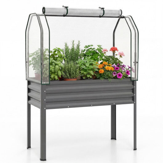 Galvanized Raised Garden Bed with Legs and Greenhouse Cover for Vegetable Flower-Gray