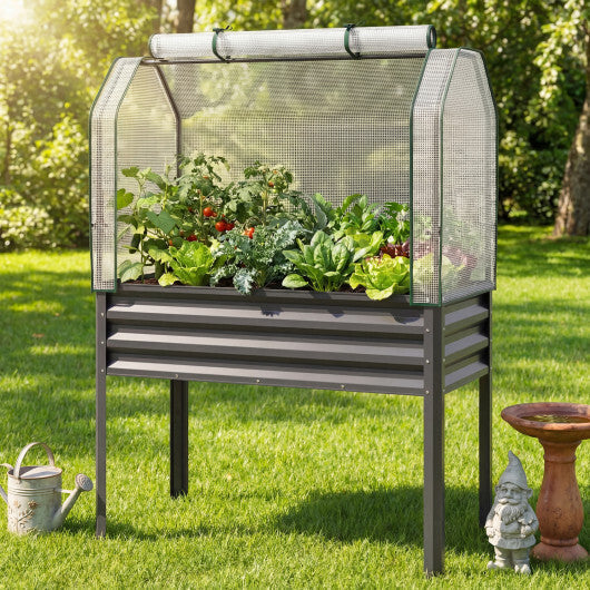 Galvanized Raised Garden Bed with Legs and Greenhouse Cover for Vegetable Flower-Gray