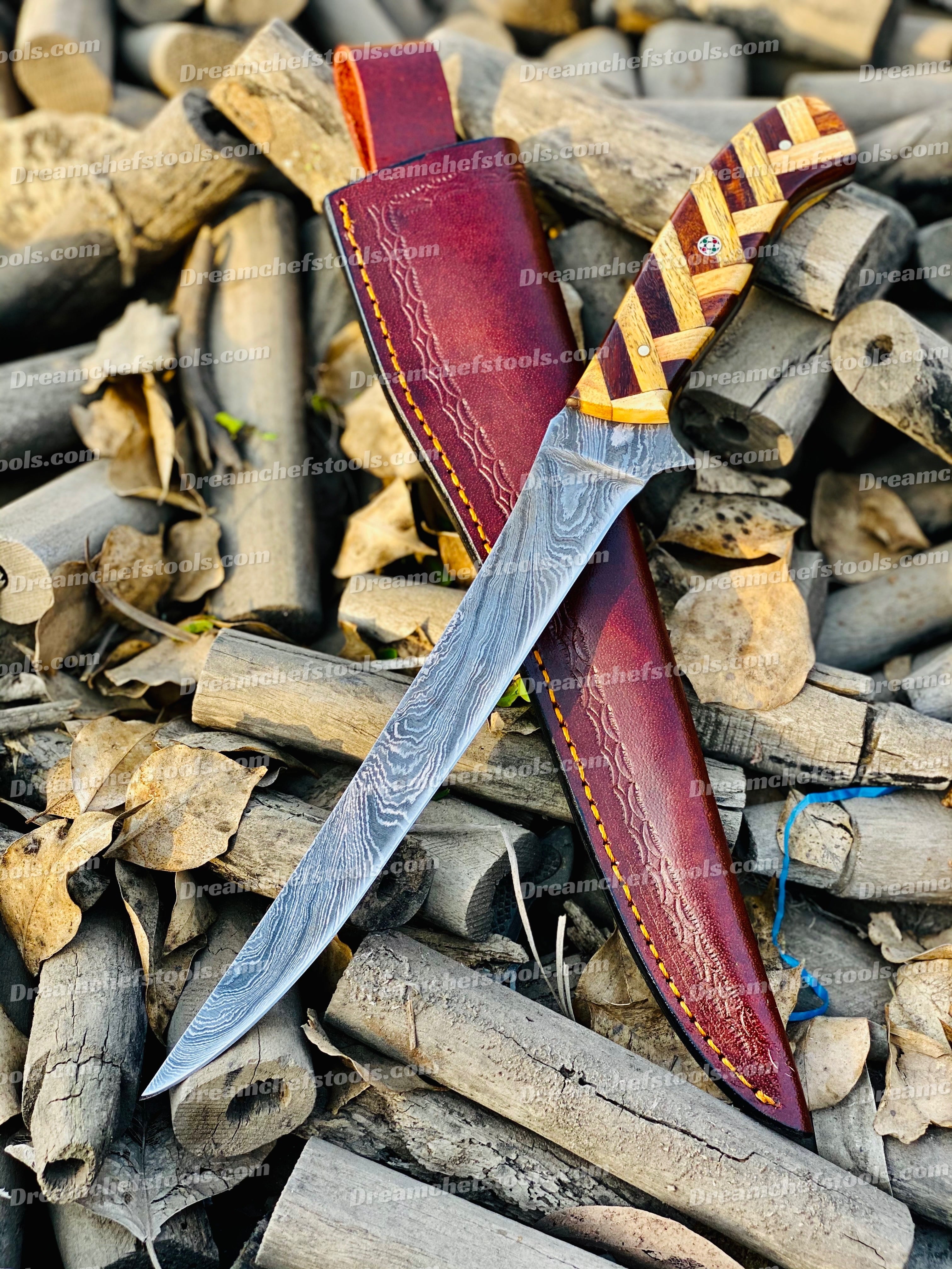 Custom Handmade Damascus Steel Fishing Fillet Knife – 13" Blade, Rosewood & Olive Wood Handle, Leather Sheath | Best Flexible Fillet Knives