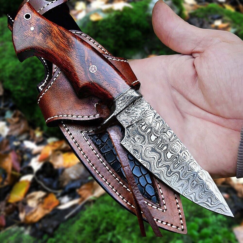 Custom Handmade Damascus Steel Bobcat Knife – 10-Inch Blade with Damascus Steel Guard & Rosewood Handle, Includes Leather Sheath
