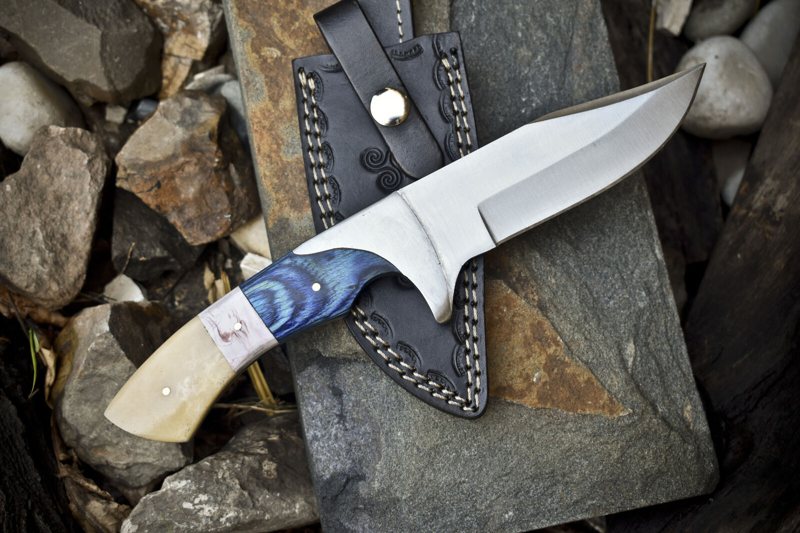 Custom Handmade J2 Steel Hunting Knife with Pakkawood & Camel Bone Handle | Steel Bolster | Includes Leather Sheath