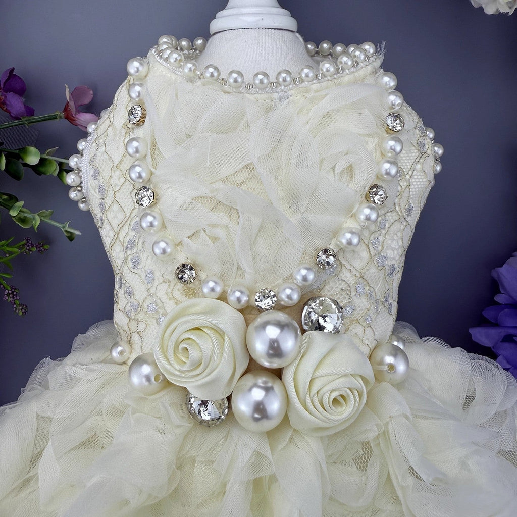Handmade Luxury Pearl & Rose Lace Pet Dress