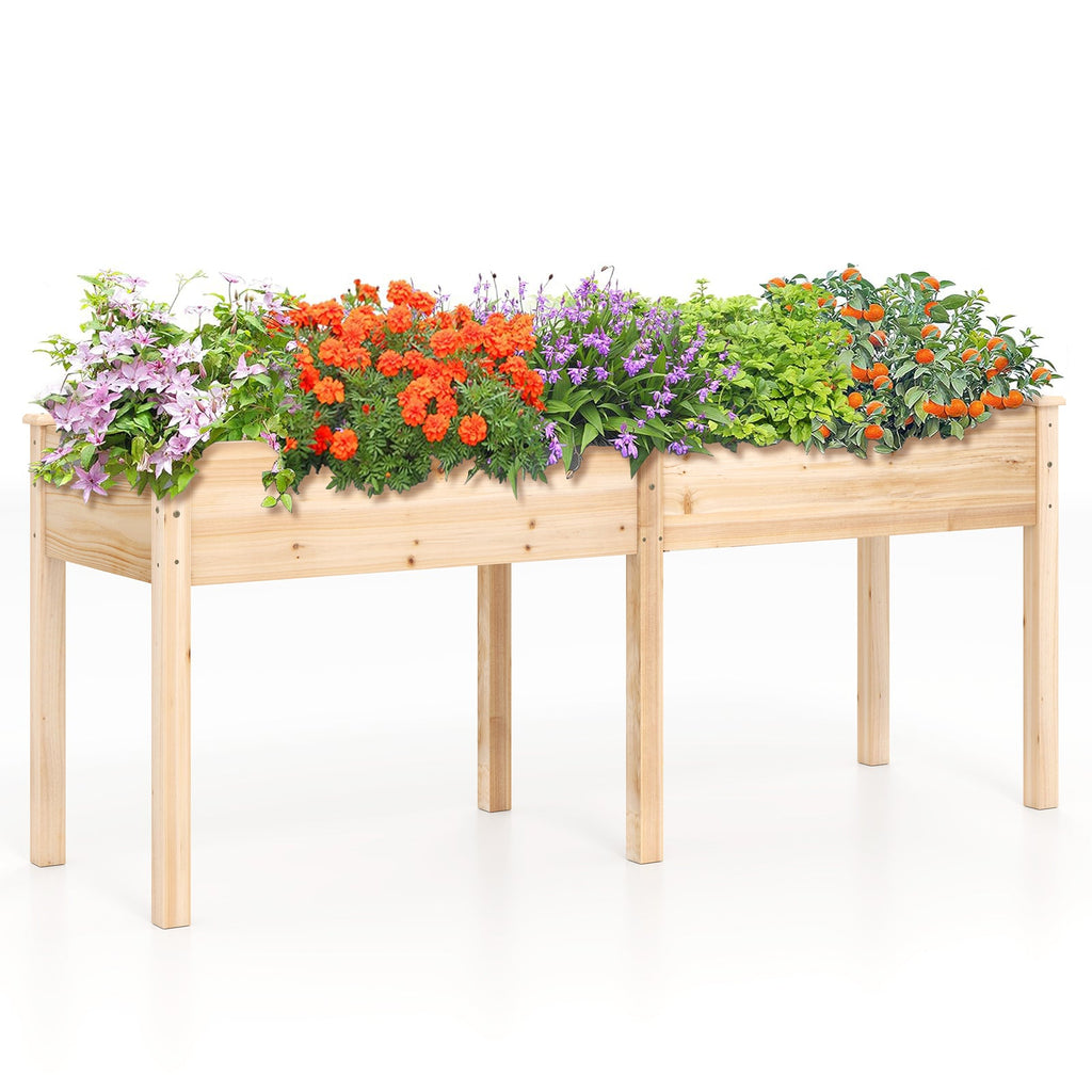 Fir Wood Outdoor Raised Garden Bed with Divider Panel and Drainage Holes-Natural