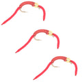 3 Pack San Juan Power Worm Gold Bead Head Red V-Rib - Hook Size 14