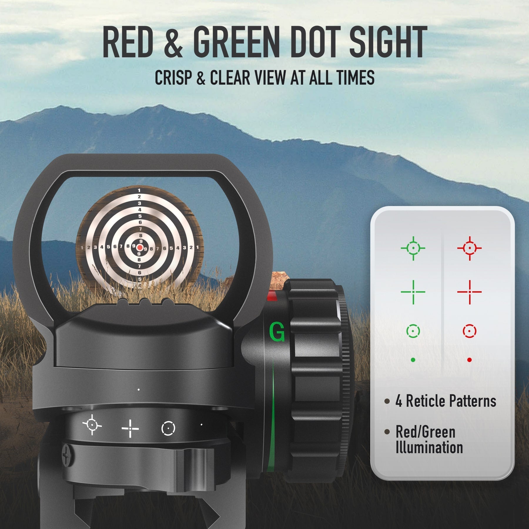 Red & Green Reflex Dot Sight, 4 Reticle Types, Strong Lens Frame