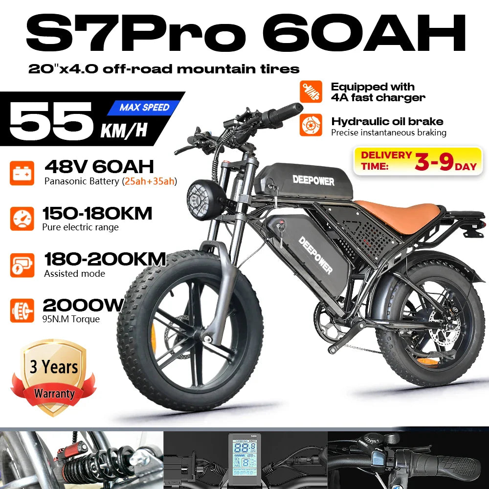 DEEPOWER S7Pro Electric Bike for Adults, 48V, 60Ah,Dual Battery, 20''x4.0 Fat Tires,Snow Mountain E-Bike, 2000W Electric Bicycle