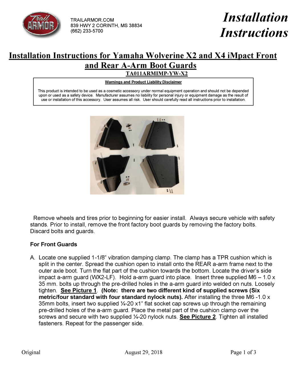 Trail Armor iMpact A-Arm Guards Yamaha for 2019-22 Wolverine X2 / X4 XTR Model