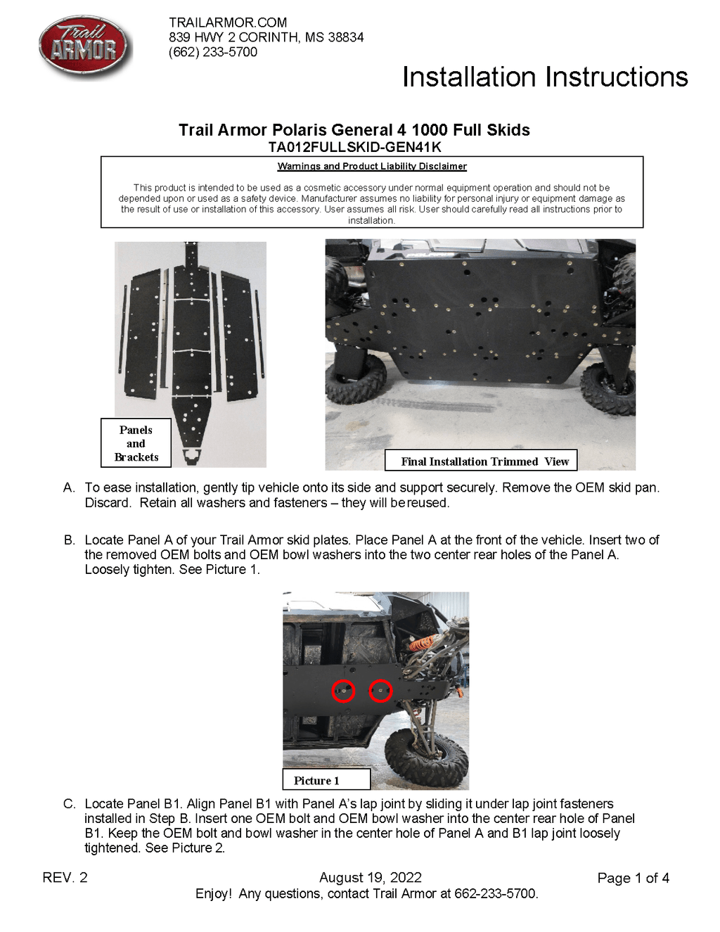 Trail Armor Skid Plate With Rock Sliders for 2017+ Polaris General XP 1000 4