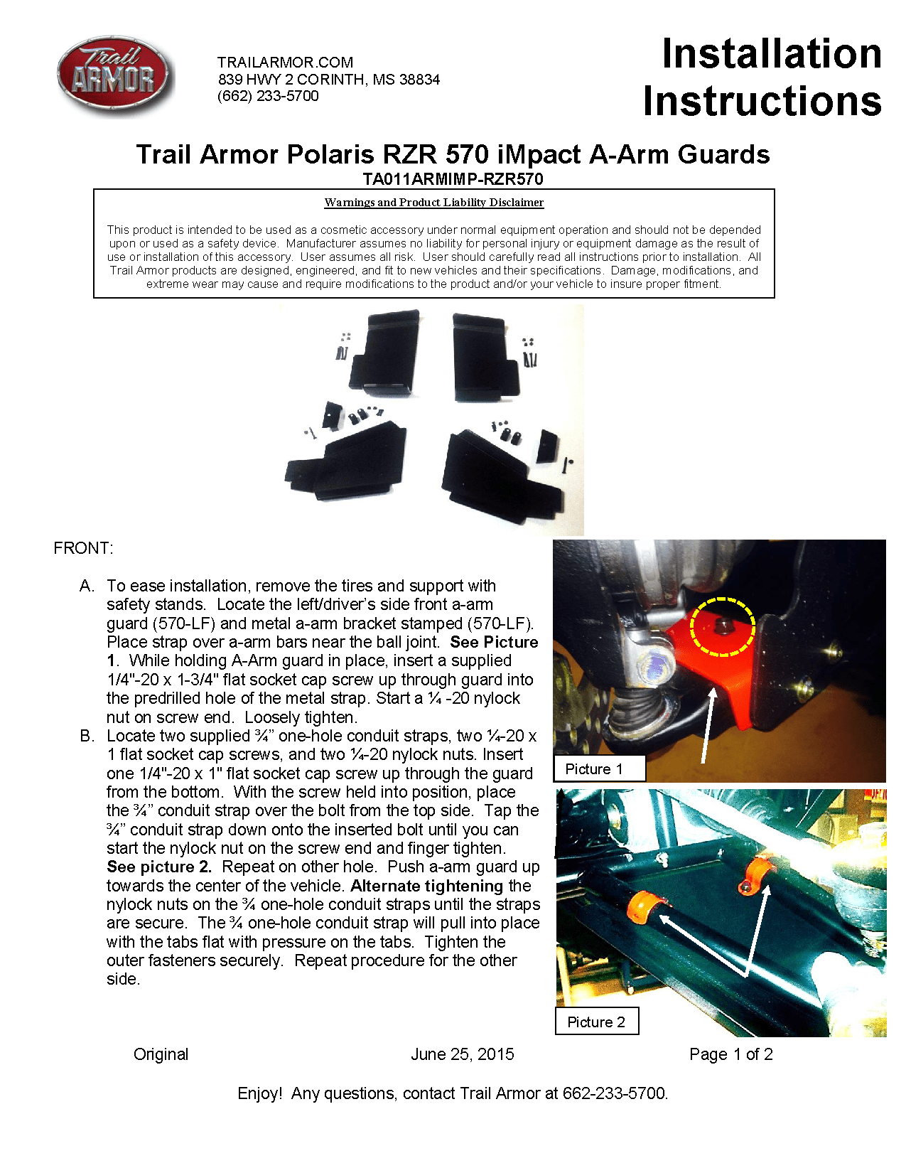 Trail Armor iMpact A-arm Guards for 2012-20 Polaris RZR 570
