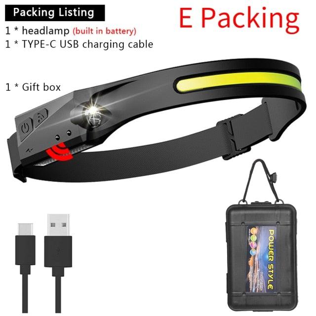 Adjustable Rechargeable LED Induction USB Headlamp  Lightweight Head Lamp Head Torch 5 Lighting Modes Flashlight   For Camping Hiking Running Outdoor Adults Kids