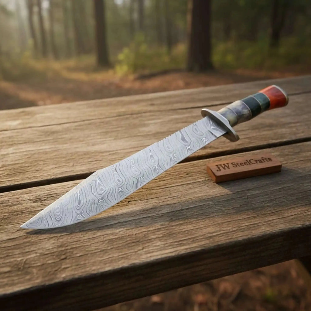 California Clip Point Bowie Knife, Hand Forged Damascus Steel Blade, Stacked Handle Custom Bowie, Handmade Knife JW SteelCrafts