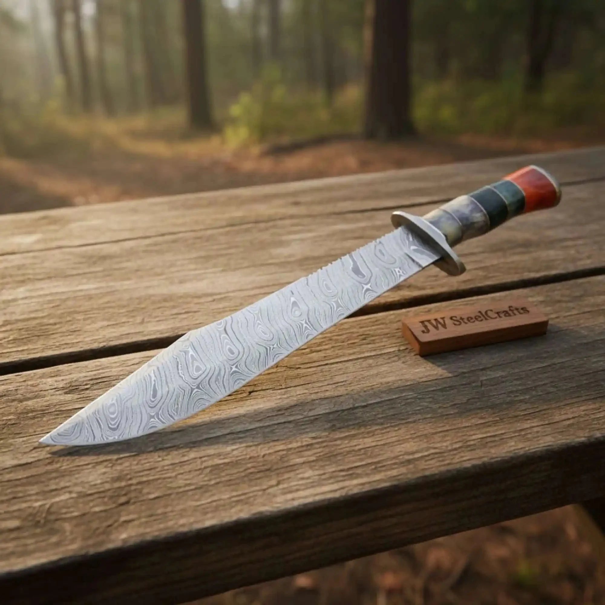 California Clip Point Bowie Knife, Hand Forged Damascus Steel Blade, Stacked Handle Custom Bowie, Handmade Knife JW SteelCrafts