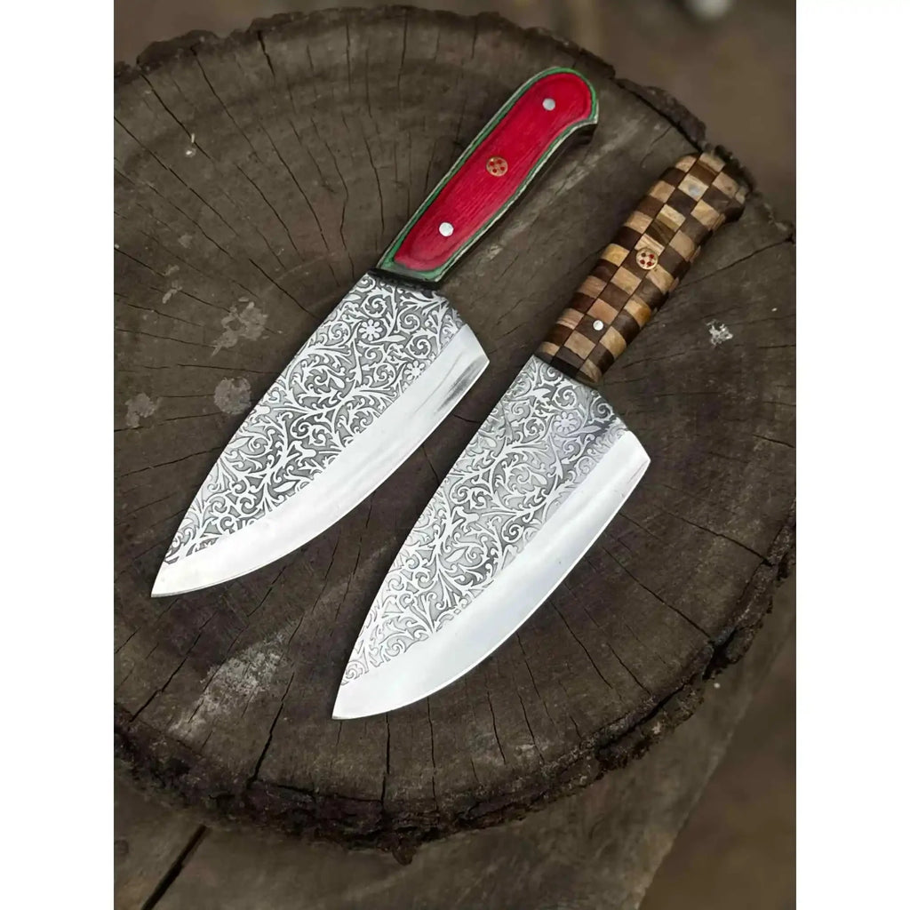 Chef Knife with Acid-Etched Blade – Red Micarta or Checker Wood Handle
