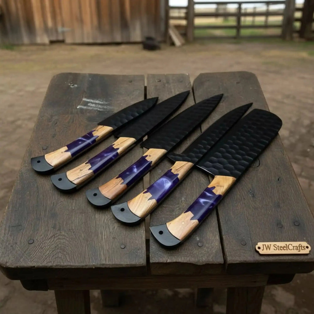 Chef knives JW SteelCrafts 5-Piece Hand-Forged Kitchen Knife Set – Hammered Black Blades with Purple Resin & Olive Wood Handles