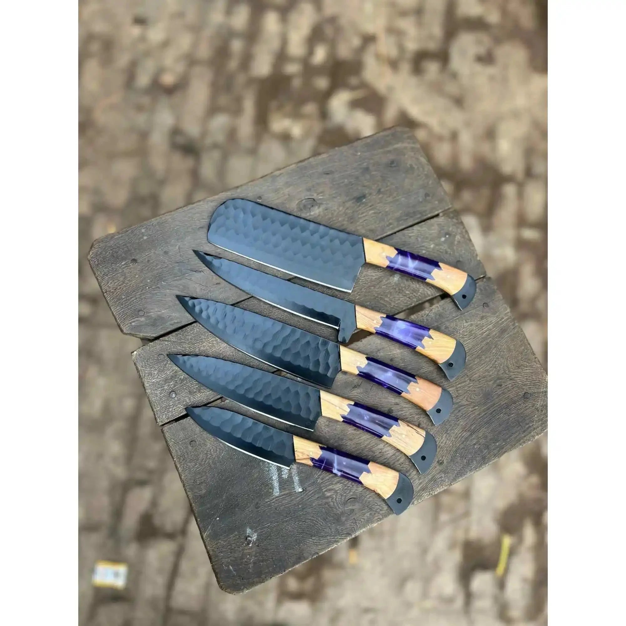 Chef knives JW SteelCrafts 5-Piece Hand-Forged Kitchen Knife Set – Hammered Black Blades with Purple Resin & Olive Wood Handles