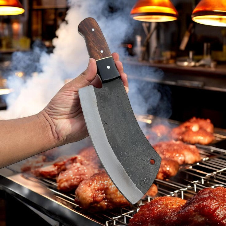 Custom Handmade Meat Cutter Knife – 11" High-Carbon Steel Blade with Rosewood & Buffalo Horn Handle