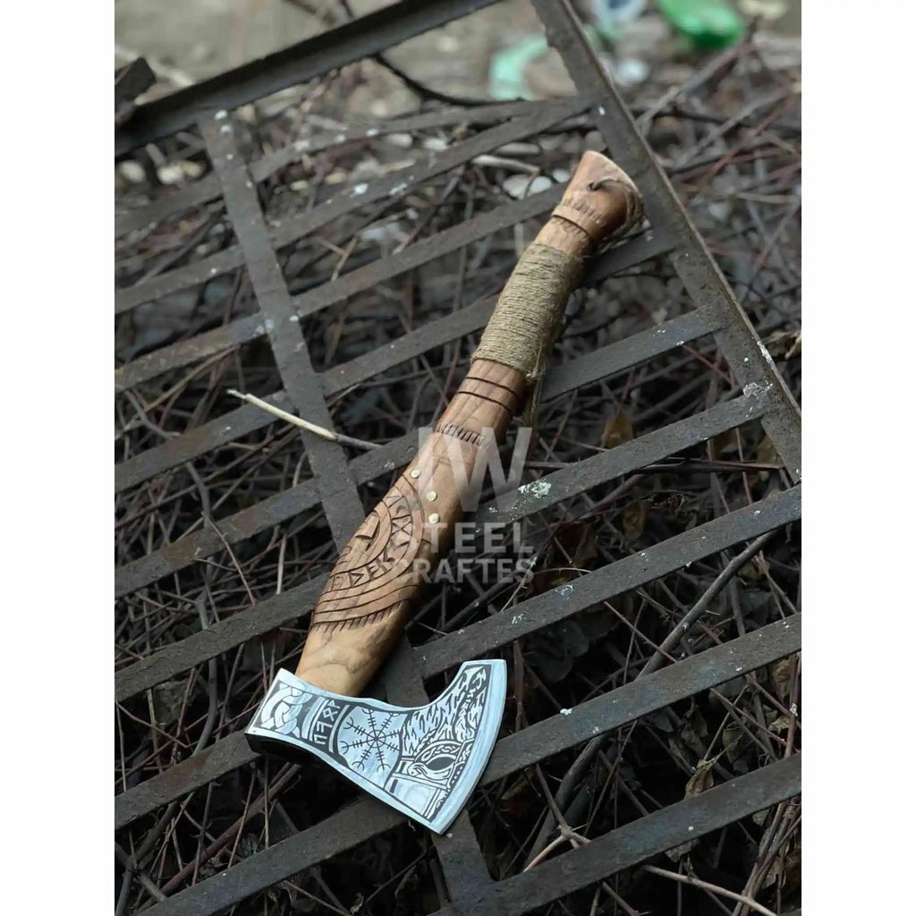 Collectible Norse-style Three-Axe Set with Intricate Engravings and Sculpted Wooden Handles