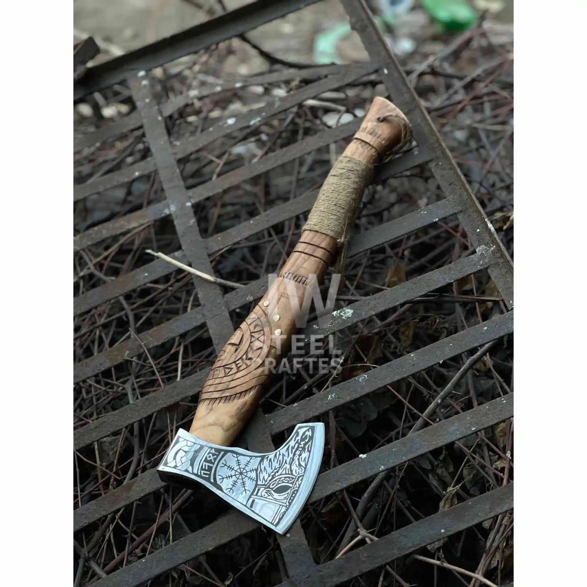 Collectible Norse-style Three-Axe Set with Intricate Engravings and Sculpted Wooden Handles