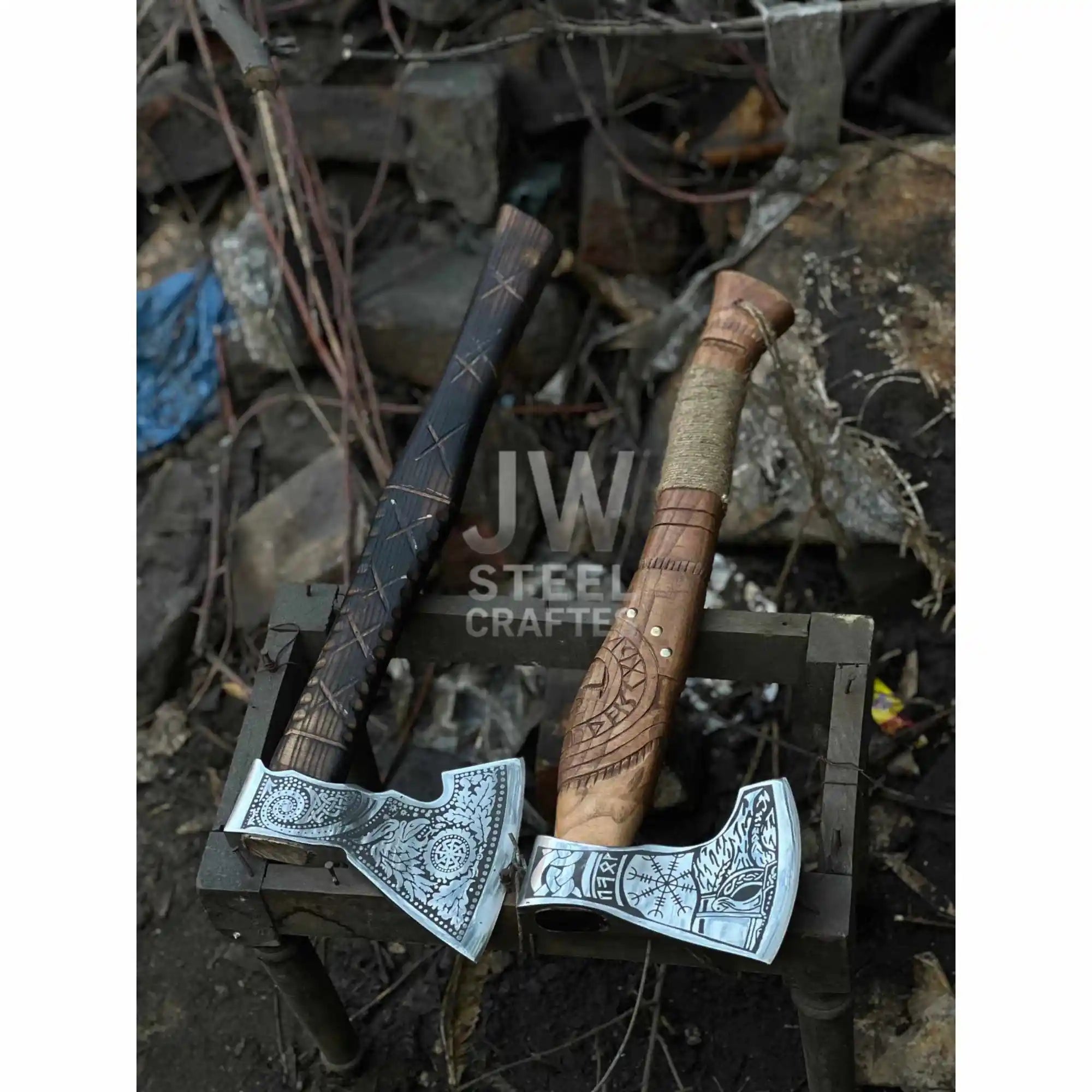 Collectible Norse-style Three-Axe Set with Intricate Engravings and Sculpted Wooden Handles