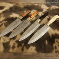 Custom Damascus Chef Knife Set — Mixed Handles (Burned Bone, Rosewood, Black Resin, Camel Bone) with Brass Bolsters