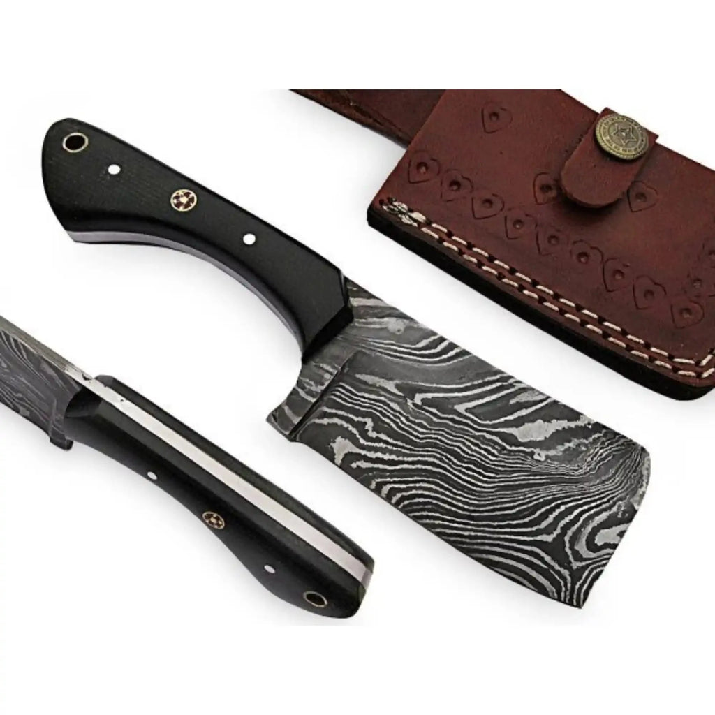 Custom Forged Damascus Mini Butcher Cleaver — Full Tang Black Handle with Leather Sheath