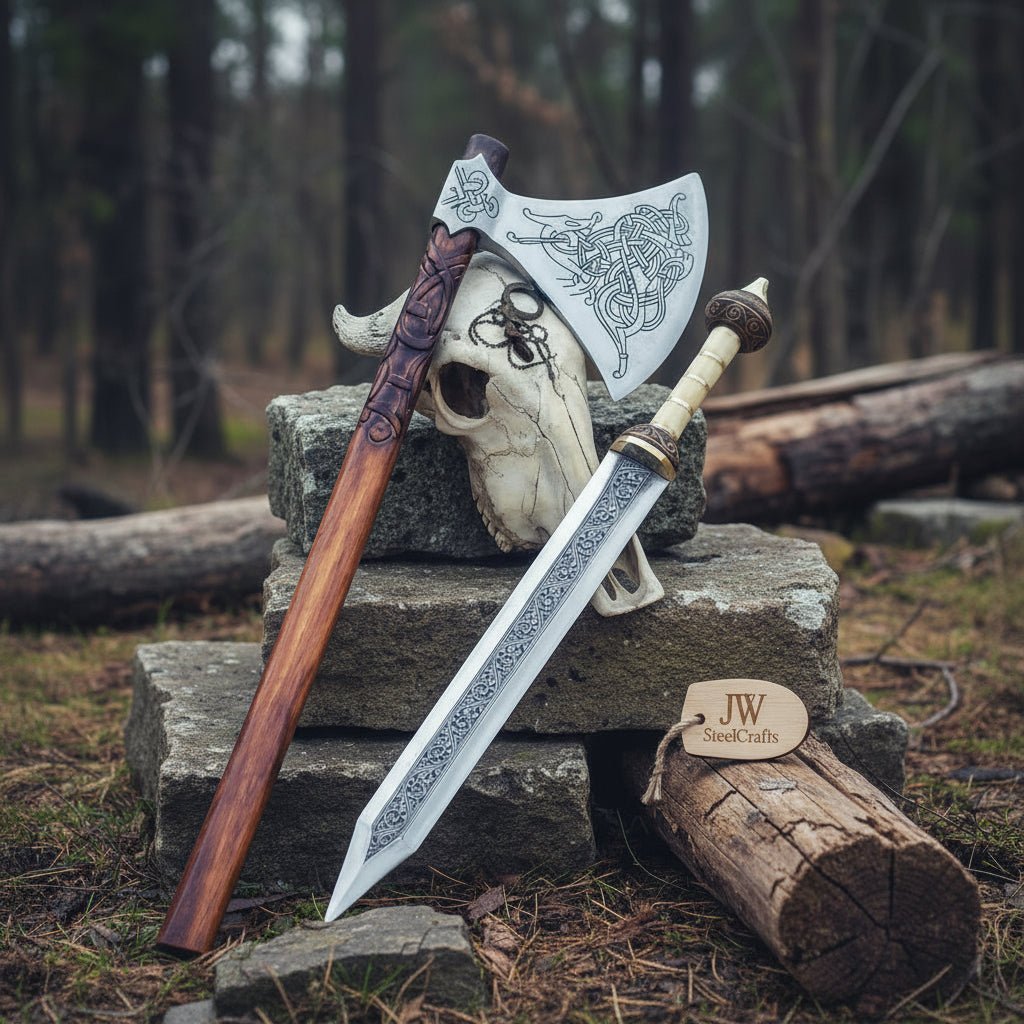 Custom Handmade Stainless Steel  Double Handed Viking axe set with Handmade Gladius piece