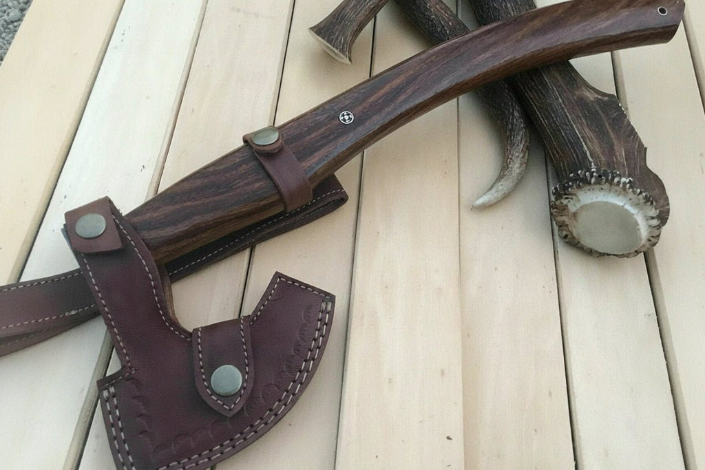 Damascus Camping Axe with Curved Rosewood Handle – Hand Forged Bushcraft Axe with Leather Sheath | JW SteelCrafts