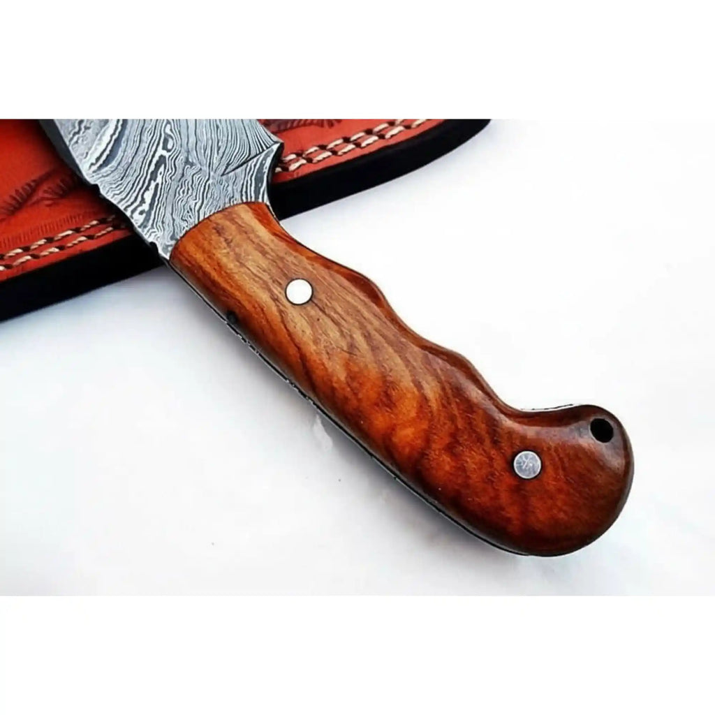 Damascus Drop Point Skinner Knife 3 Inch Blade Rosewood Handle Fixed Blade With Leather Sheath