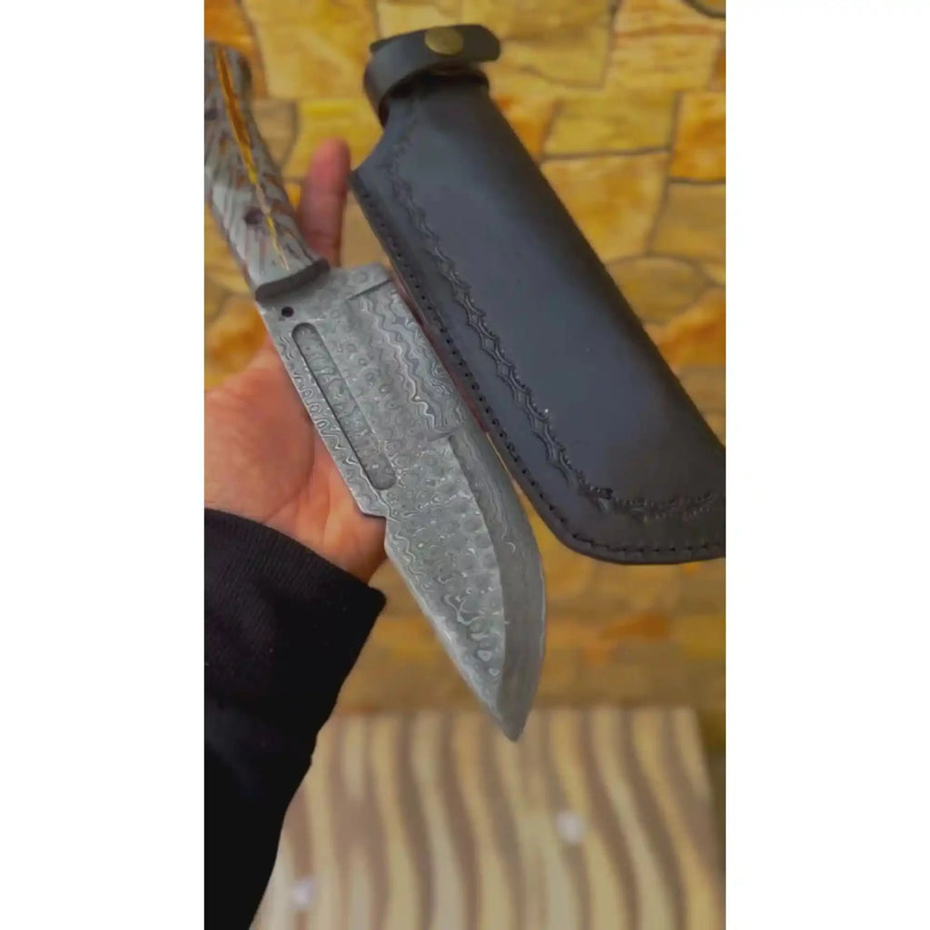 Damascus Hunting Knife with Grey Pinecone Handle | Full Tang + Black Leather Sheath