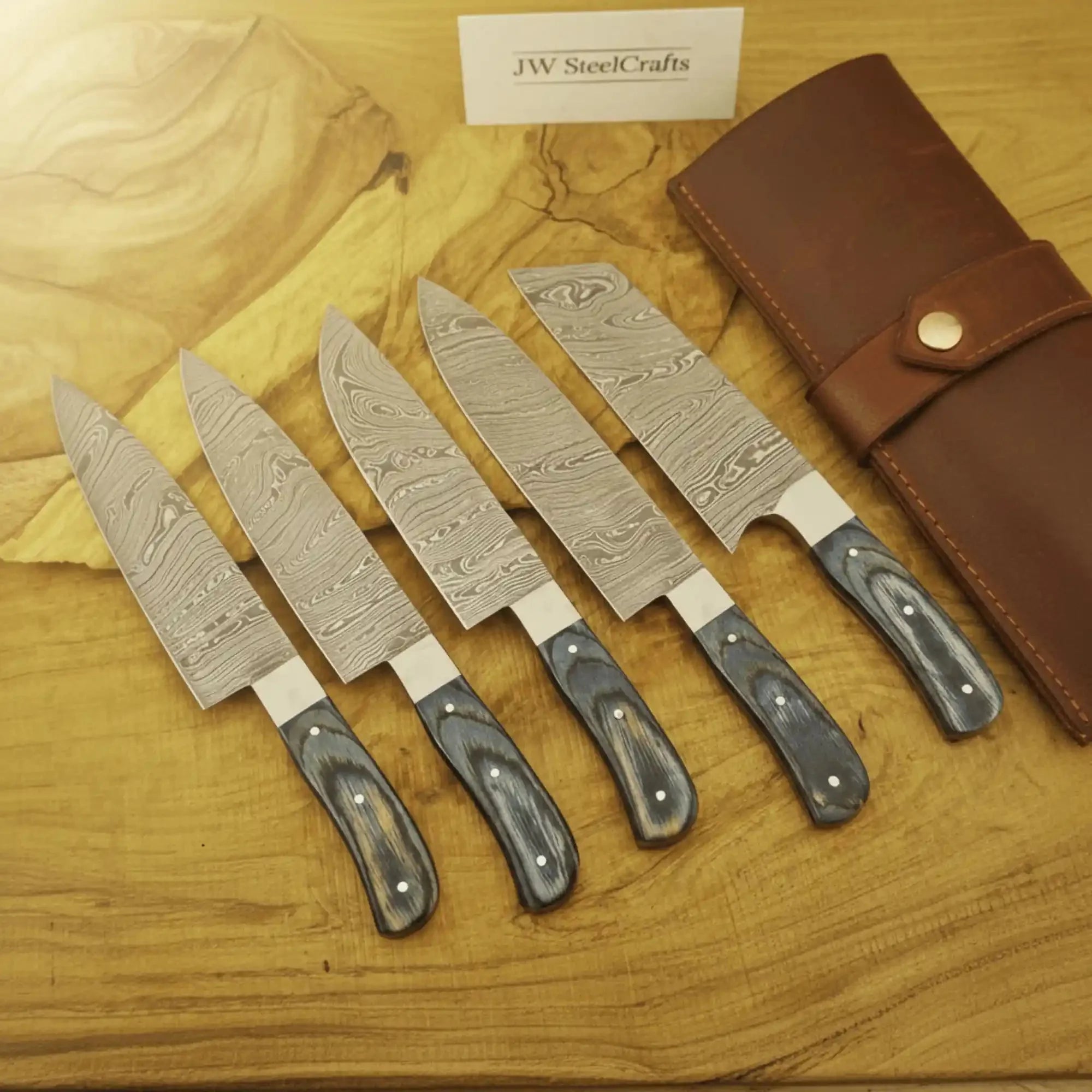 Damascus Japanese-Style Kitchen Knife Set — Gyuto Chef, Santoku Utility, Nakiri Prep, Trimming & Paring Blades (5-Piece)