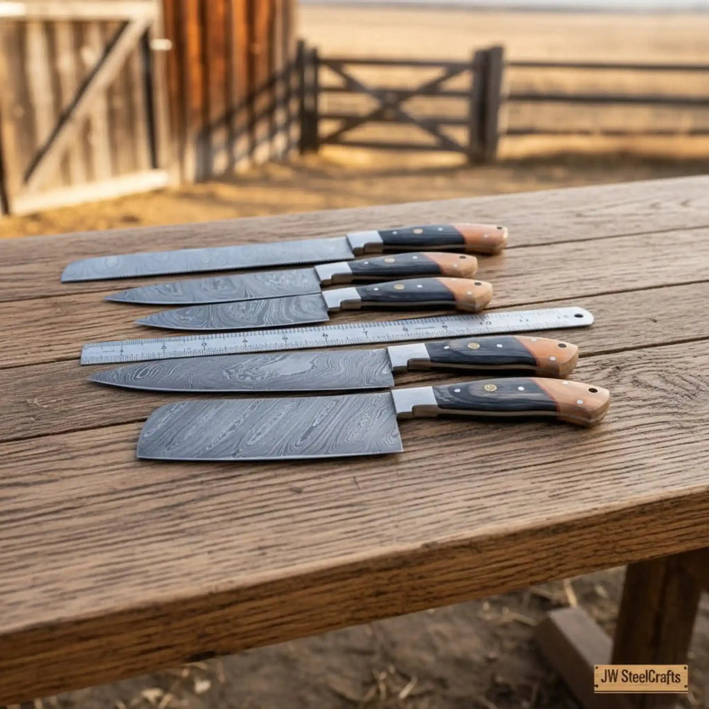 Damascus Multi-Blade Chef Set — Caidao Cleaver, Santoku, Drop-Point Chef & Utility Knives — Olive/Black Pakka Wood, Full Tang