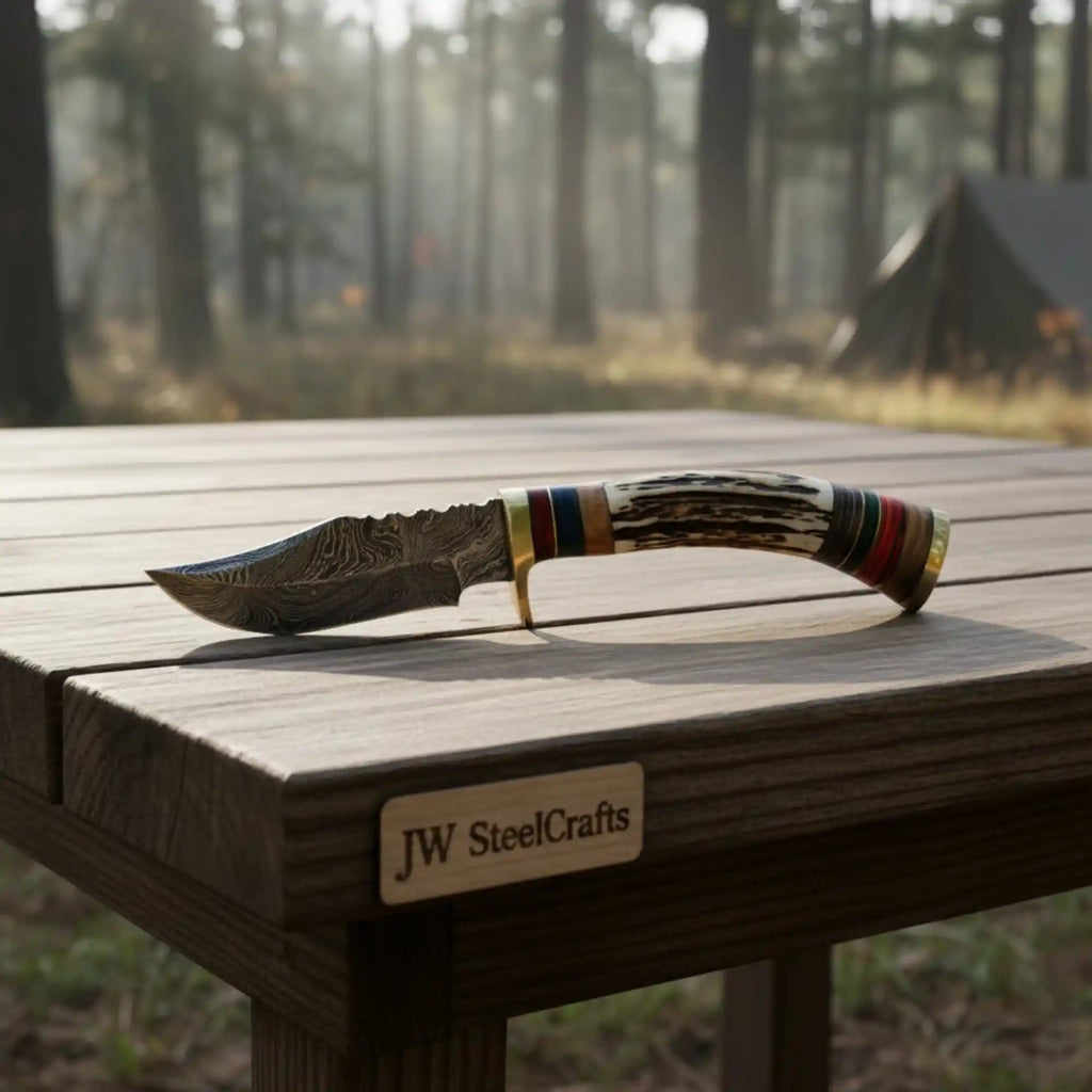 Damascus Steel Skinner Knife Deer Antler Handle Brass Guard Handmade Fixed Blade Hunting Knife