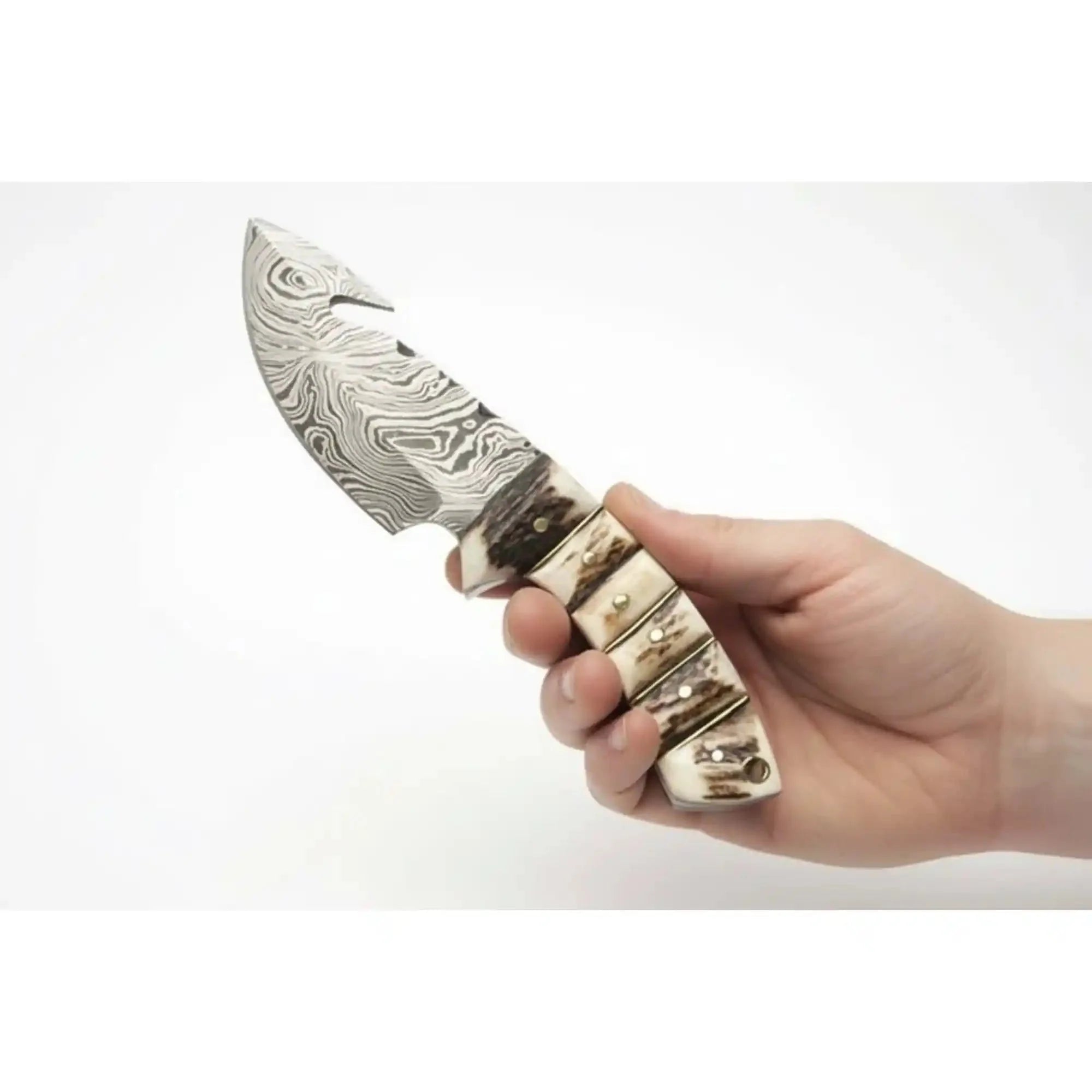 Damascus Steel Skinner Knife w/ Stag Handle and Gut Hook /Hunting Fixed Blade Knife