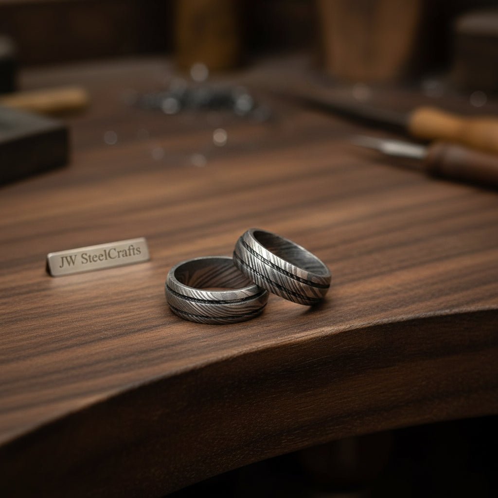 Damascus Steel Wedding Band Set for Couples Twisted Damascus Rings