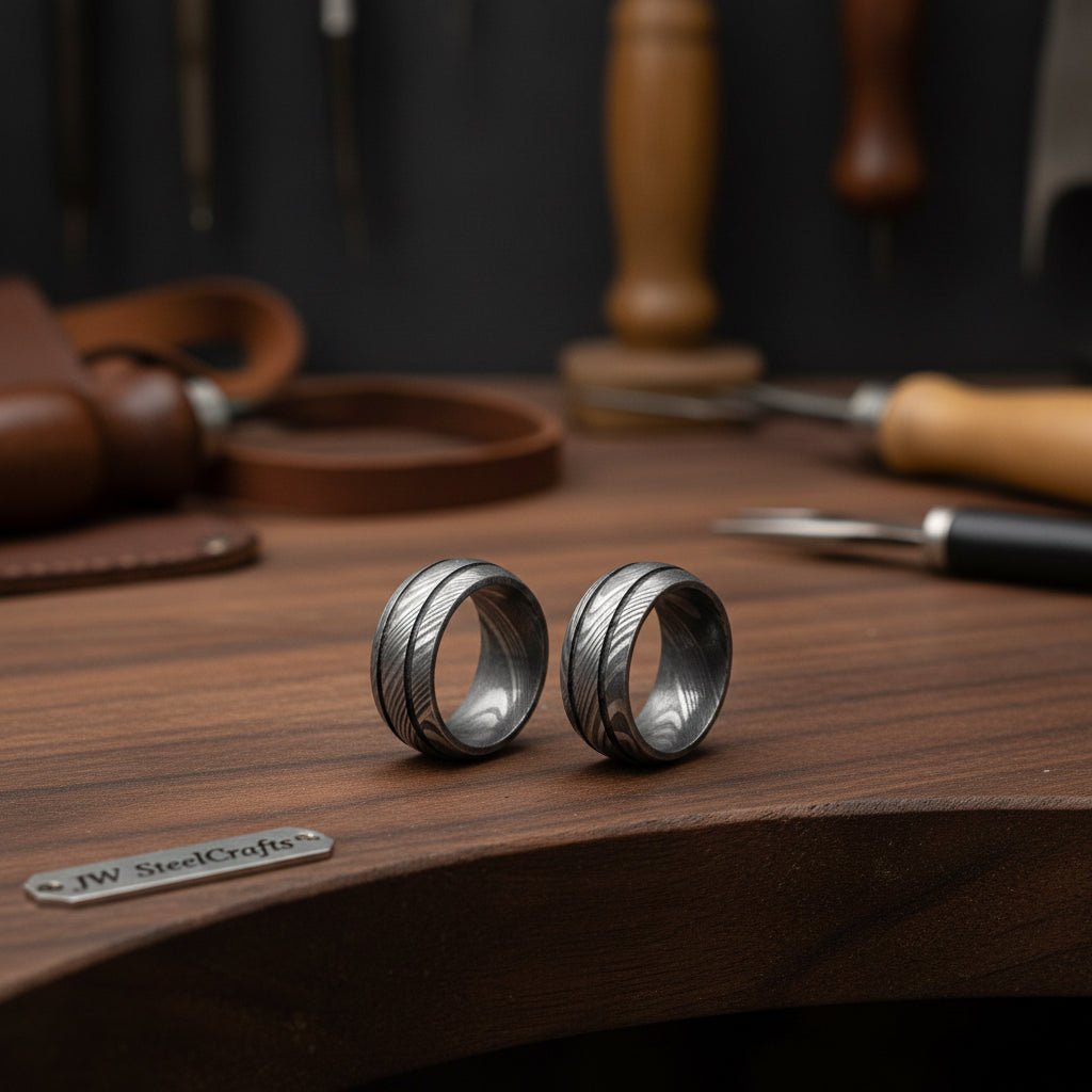 Damascus Steel Wedding Band Set for Couples Twisted Damascus Rings