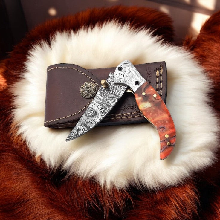 Handmade Damascus Pocket Knife – Epoxy Resin Handle