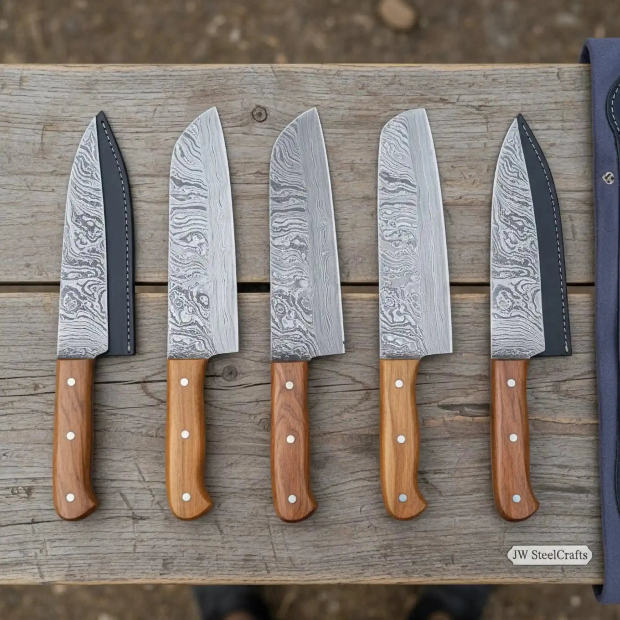 Forged Damascus Steel Culinary Knife Set — Minimal Rustic Style