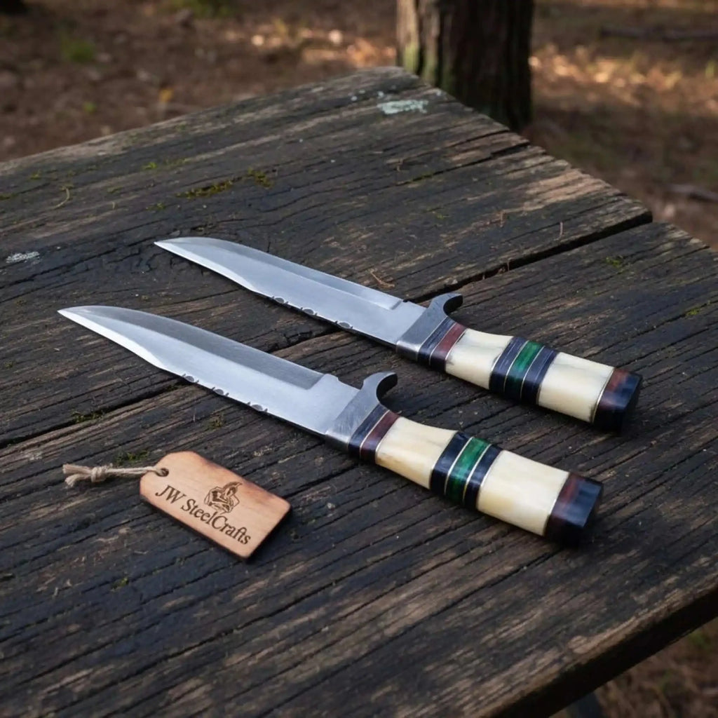Frontier Bowie Knife Set, Matched Pair Jim Bowie Style Clip Point Knives, Hand Forged Mirror Polish Blades, Stacked Bone Handles, Traditional American Bowie Set with Leather Sheaths