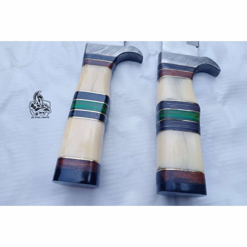 Frontier Bowie Knife Set, Matched Pair Jim Bowie Style Clip Point Knives, Hand Forged Mirror Polish Blades, Stacked Bone Handles, Traditional American Bowie Set with Leather Sheaths