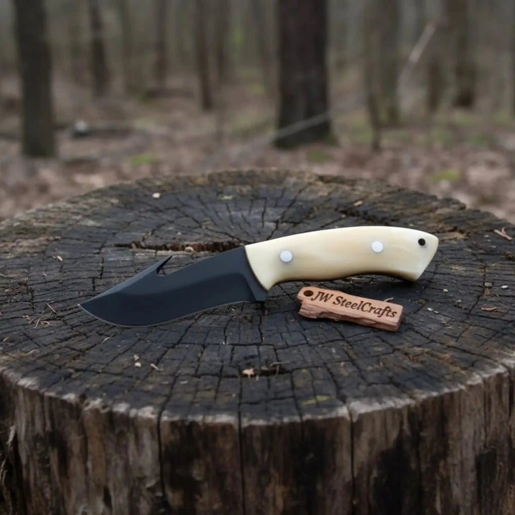 Gut Hook Skinner Knife Black Coated Blade Bone Handle 3.5 Inch Fixed Blade Hunting Knife
