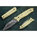 Hand-Engraved Damascus Folding Knife with Brass Handle & Leather Sheath