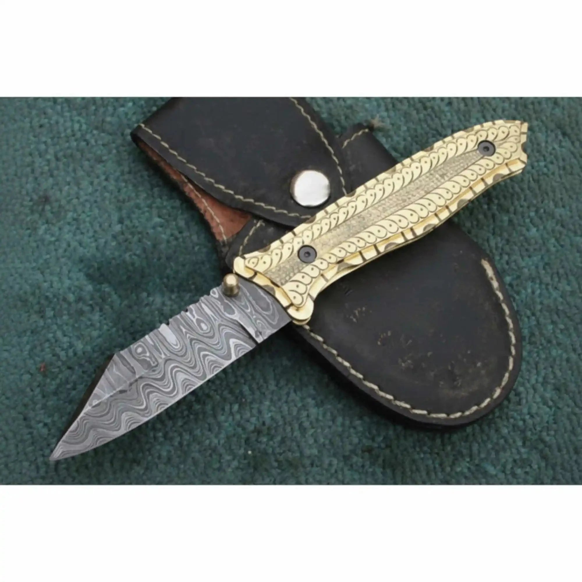 Hand-Engraved Damascus Folding Knife with Brass Handle & Leather Sheath