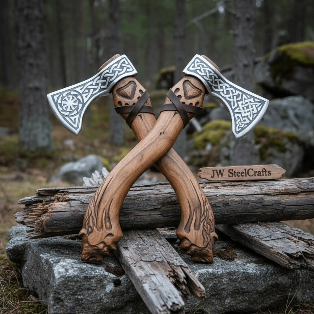 Hand Engraved Norse Viking Bearded Axe Set – Celtic Knot Steel Heads with Carved Hardwood Handles | JW SteelCrafts