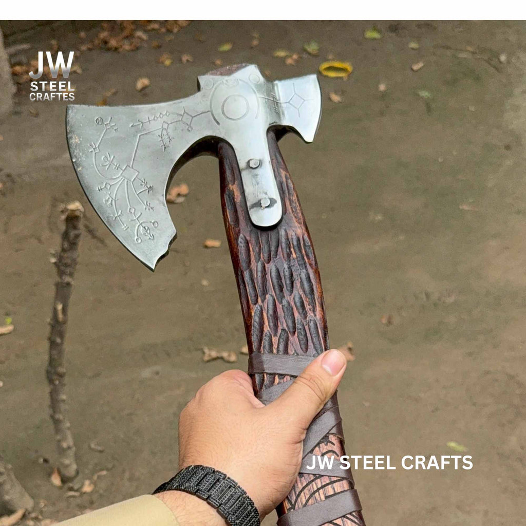 Hand Engraved Viking Double-Bit Axe with Carved Hardwood Handle and Norse Rune Detailing | Handmade Damascus Steel Collector Axe | JW SteelCrafts