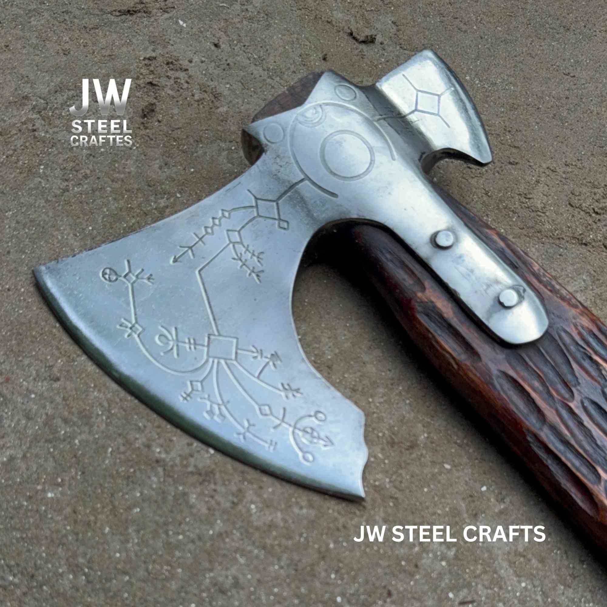 Hand Engraved Viking Double-Bit Axe with Carved Hardwood Handle and Norse Rune Detailing | Handmade Damascus Steel Collector Axe | JW SteelCrafts
