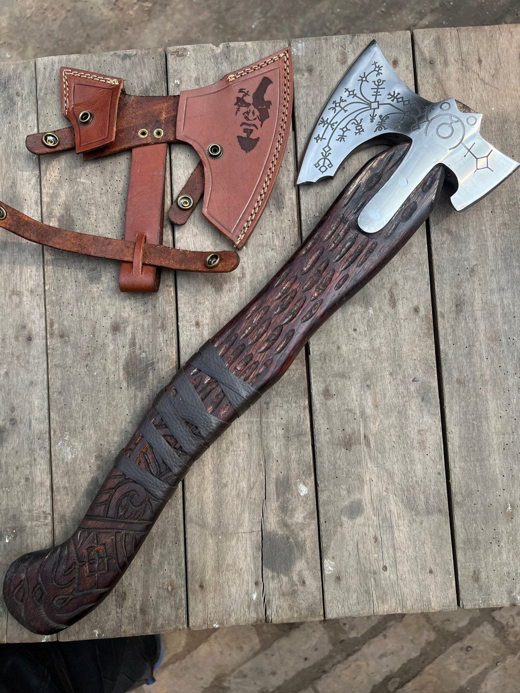 Hand Engraved Viking Double-Bit Axe with Carved Hardwood Handle and Norse Rune Detailing | Handmade Damascus Steel Collector Axe | JW SteelCrafts
