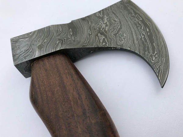 Hand-Forged Damascus Bearded Bushcraft Hatchet with Curved Hardwood Handle