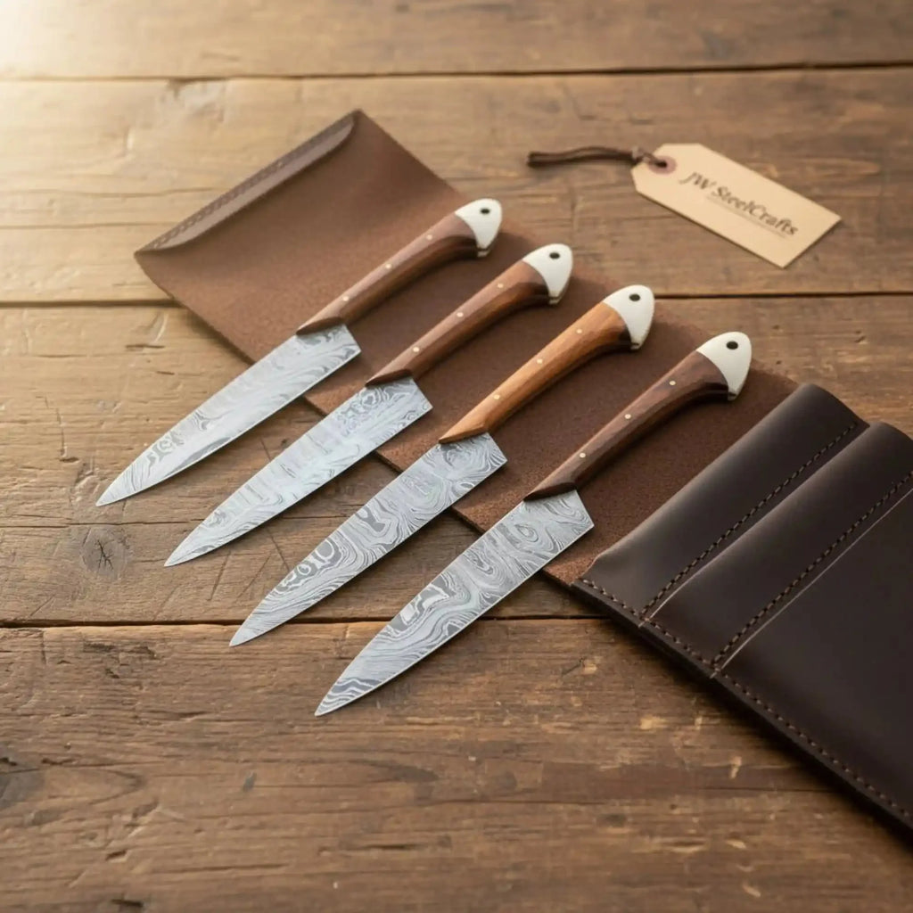 Hand-Forged Damascus Cutlery Kit — 7” Santoku, 8” Chef Knife, Kitchen Cleaver, 5” Petty Knife with Matching Honing Rod